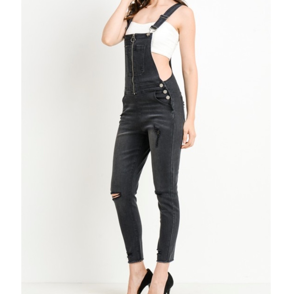 🆕DARK GREY-BLACK Stretchy Ripped Knee Distressed Zip Front Denim Overalls NWT